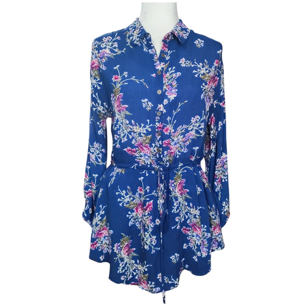 Entro Blue Floral Mini Dress Long Sleeve Button Down Belted Cottagecore Medium